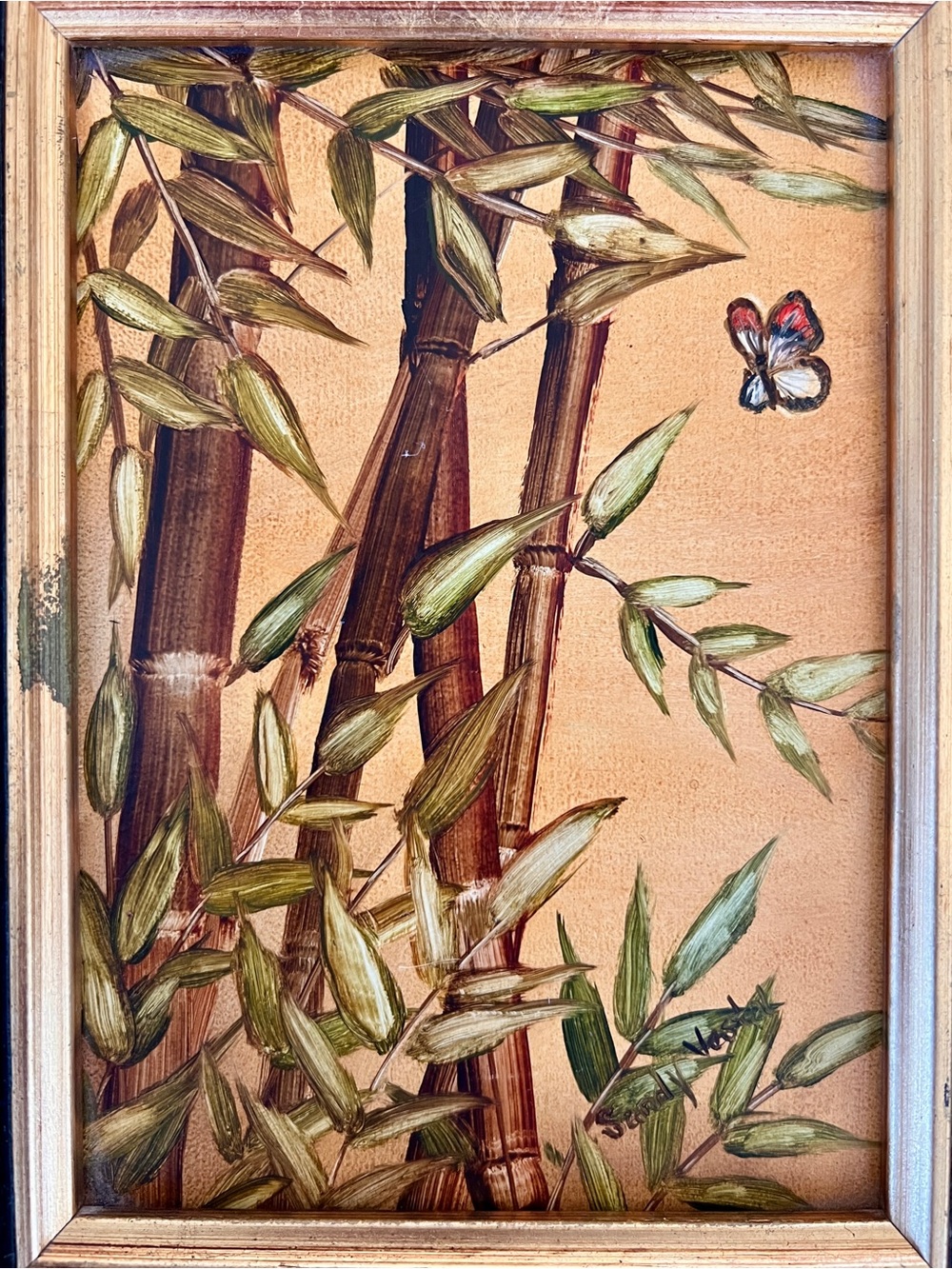 Original Framed Bamboo Signed Artwork Wall Art Painting 5x7 Vintage Botanical - Picture 3 of 7
